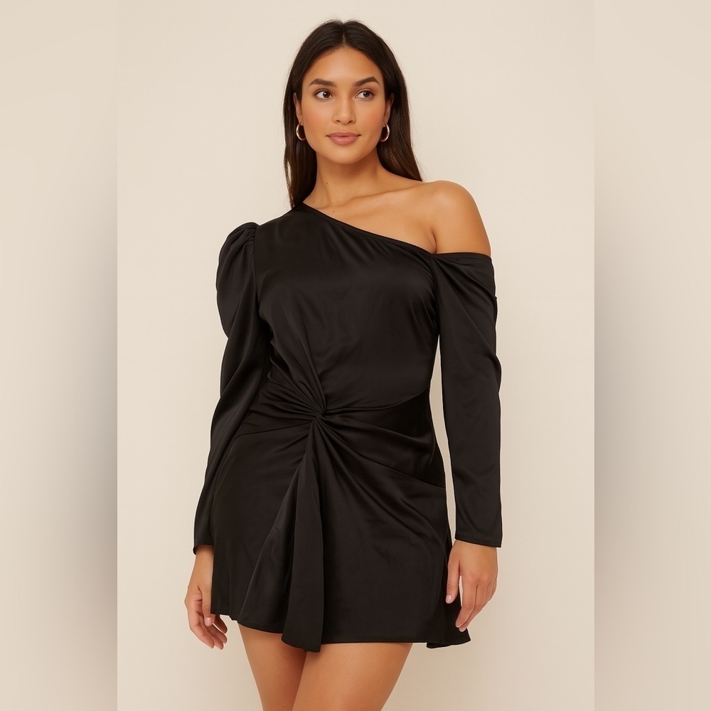 Tanya Taylor black satin long sleeve mini dress